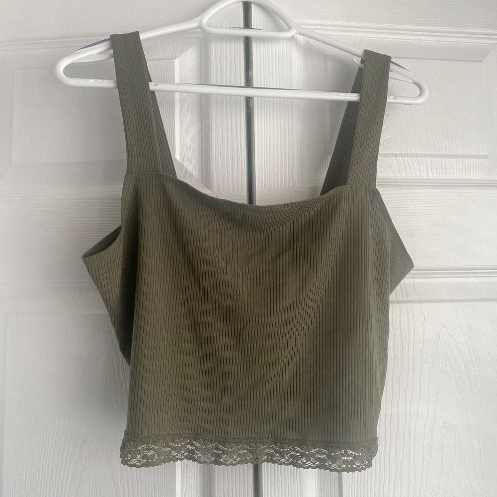 American Eagle Square Neck Tank Top w/ Lace Trim Olive Green Sz XL